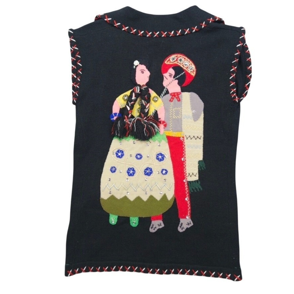 Vintage 70s Collage Womens M Embroidered Applique Folk Art Sweater Vest Boho - Picture 3 of 8